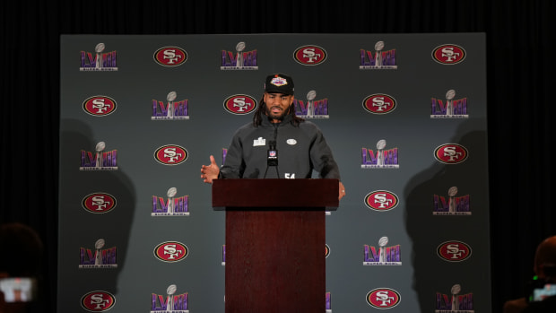 Feb 8, 2024; Las Vegas, NV, USA; San Francisco 49ers linebacker Fred Warner (54) during a press conference before Super Bowl LVIII at Hilton Lake Las Vegas Resort and Spa. Mandatory Credit: Kyle Terada-USA TODAY Sports  